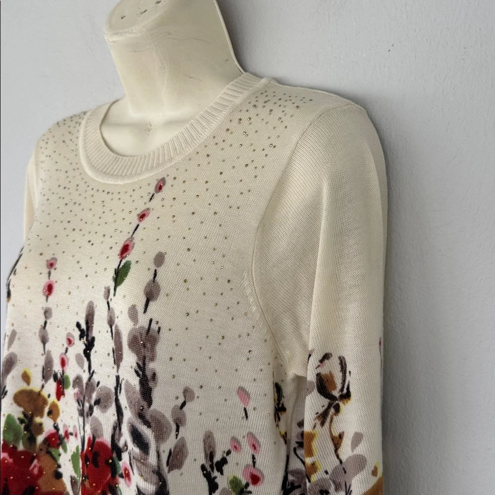 Vintage CD Petites cream red floral print rhinestone stud sweater size medium